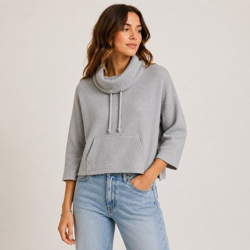 Zara TRF Womens Gray Funnel Neck Knit Pullover Top M Drawstring Pocket